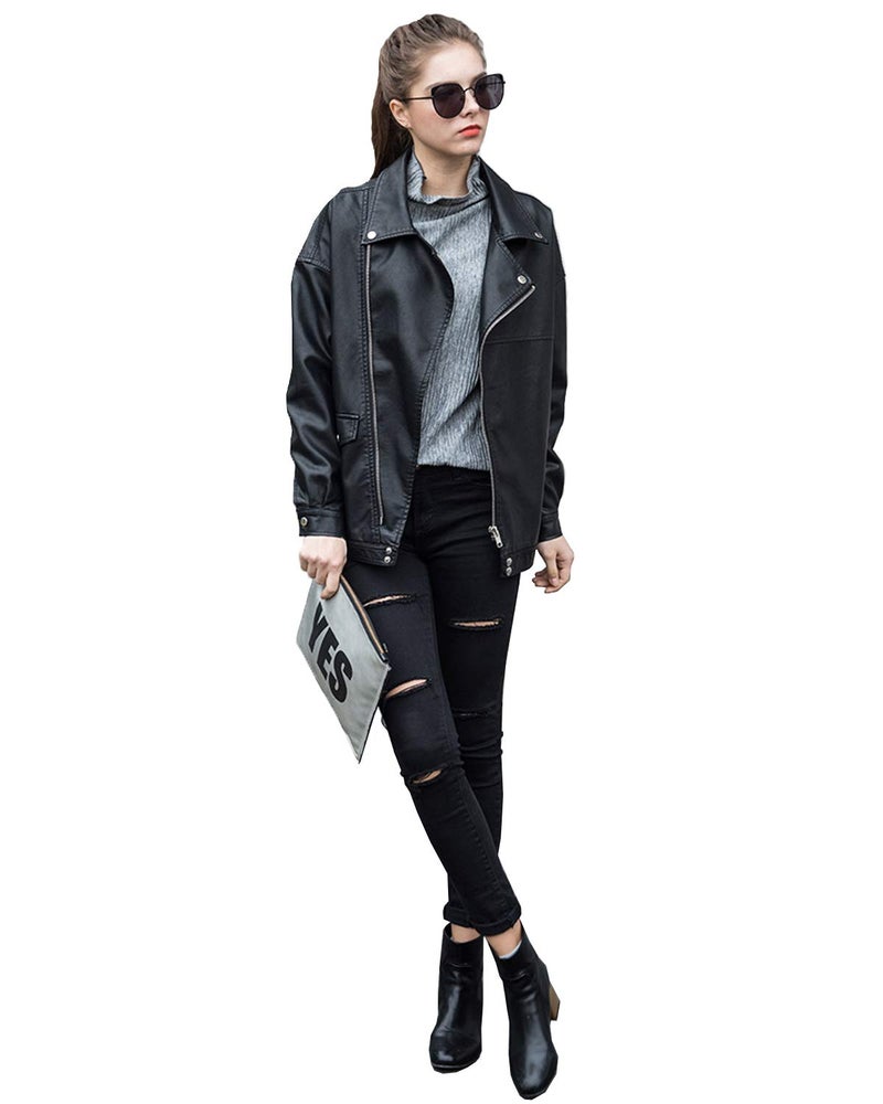 LY VAREY LIN Women Faux Leather Jacket Lapel Collar Motorcycle Zip Up Motor Biker Short Coat Jacket(Black, S) - Image 3